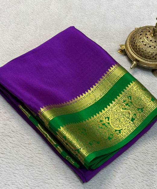 Traditional Mango Bentex Border Mysore Silk Sarees with Contrast Line Pallu