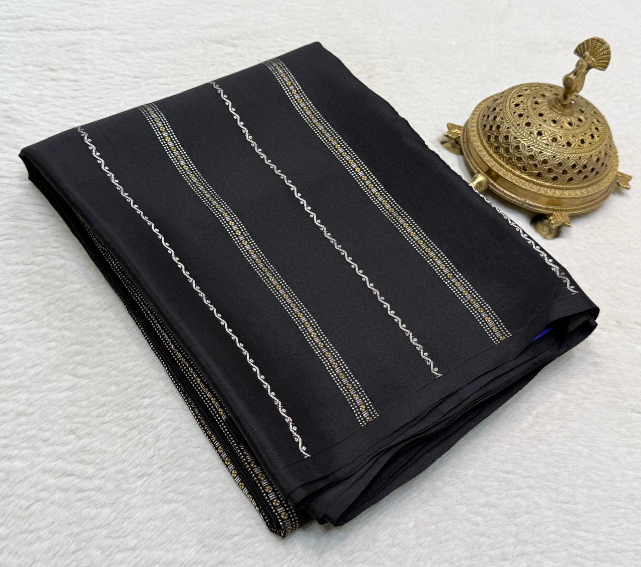 Borderless Crepe Silk Saree with Gold & Silver Zari Stripes | Rich Contrast Pallu
