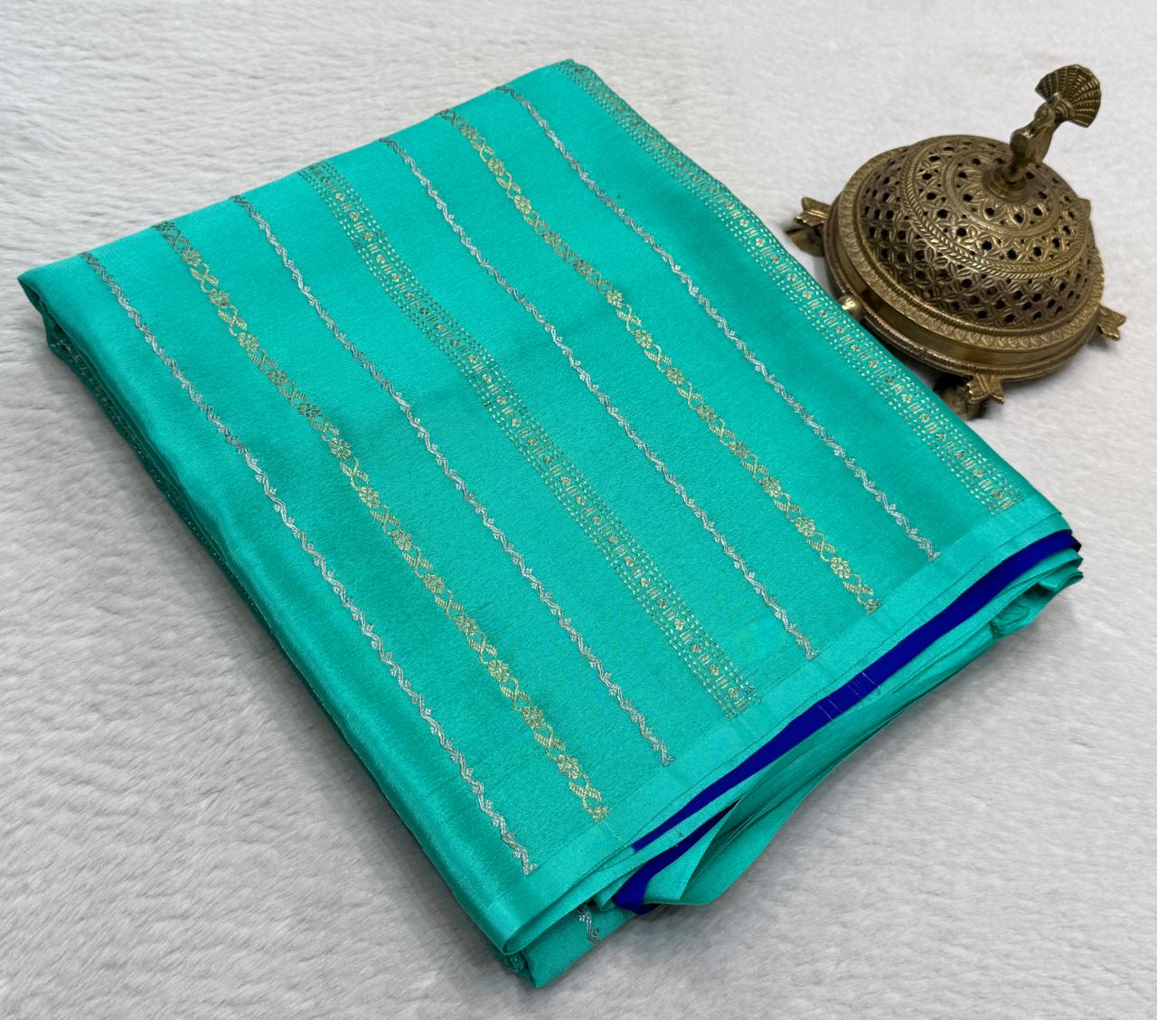Borderless Crepe Silk Saree with Gold & Silver Zari Stripes | Rich Contrast Pallu