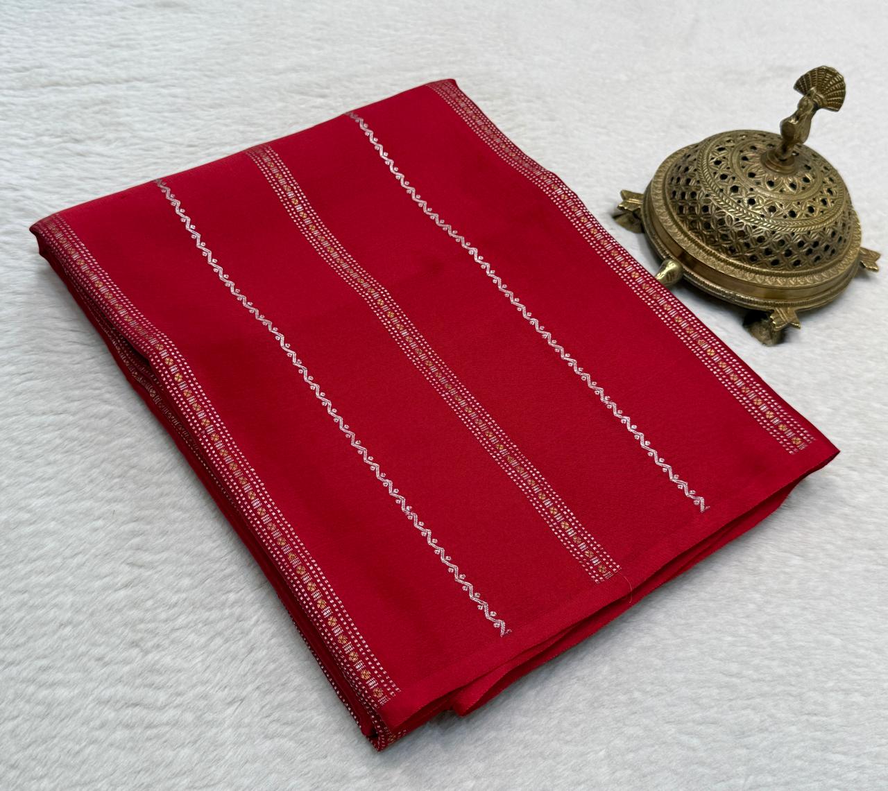 Borderless Crepe Silk Saree with Gold & Silver Zari Stripes | Rich Contrast Pallu