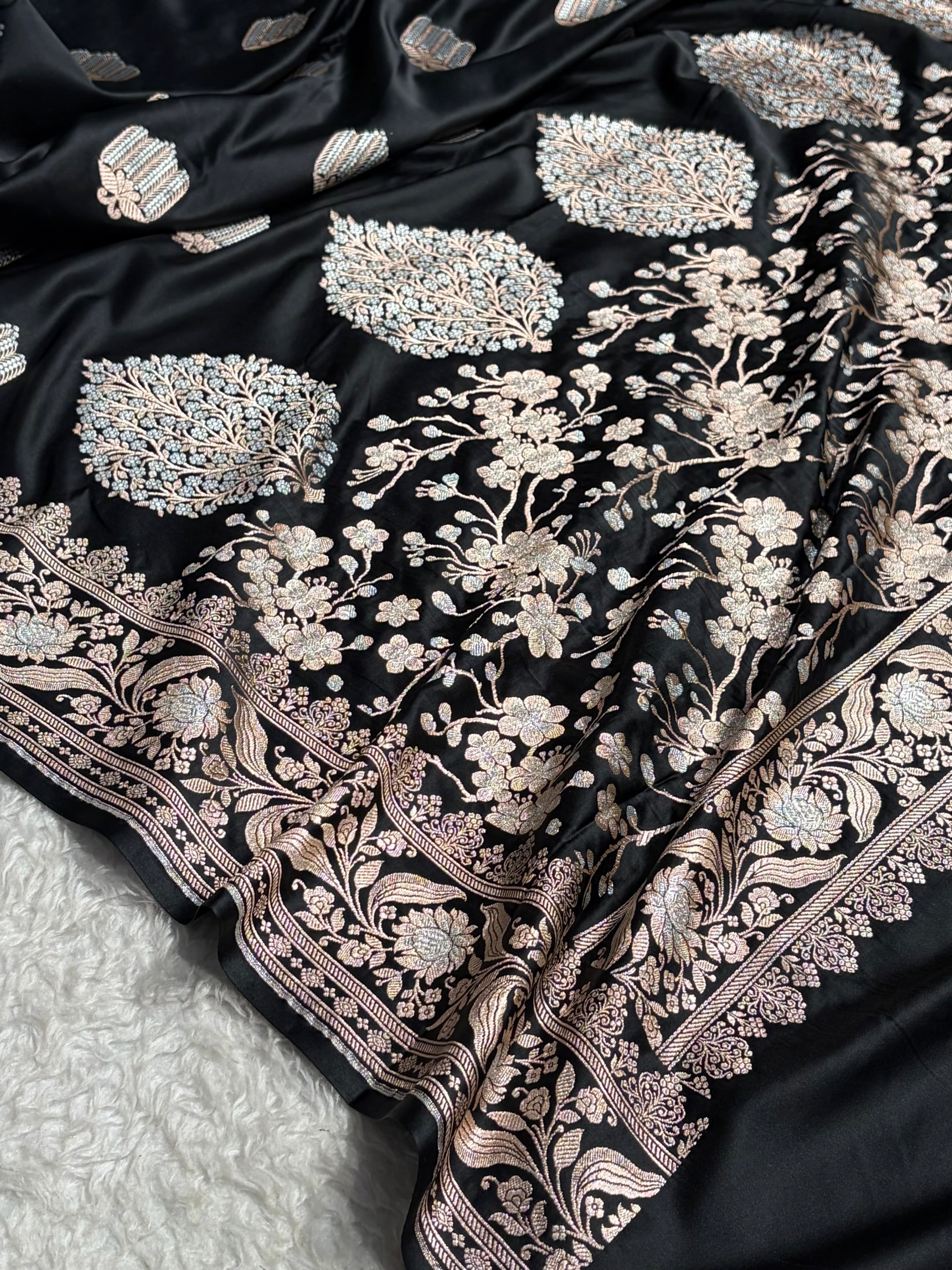 Banarasi Mashru Silk Saree Black | Minakari Boota Rupa Sona Jacquard Saree