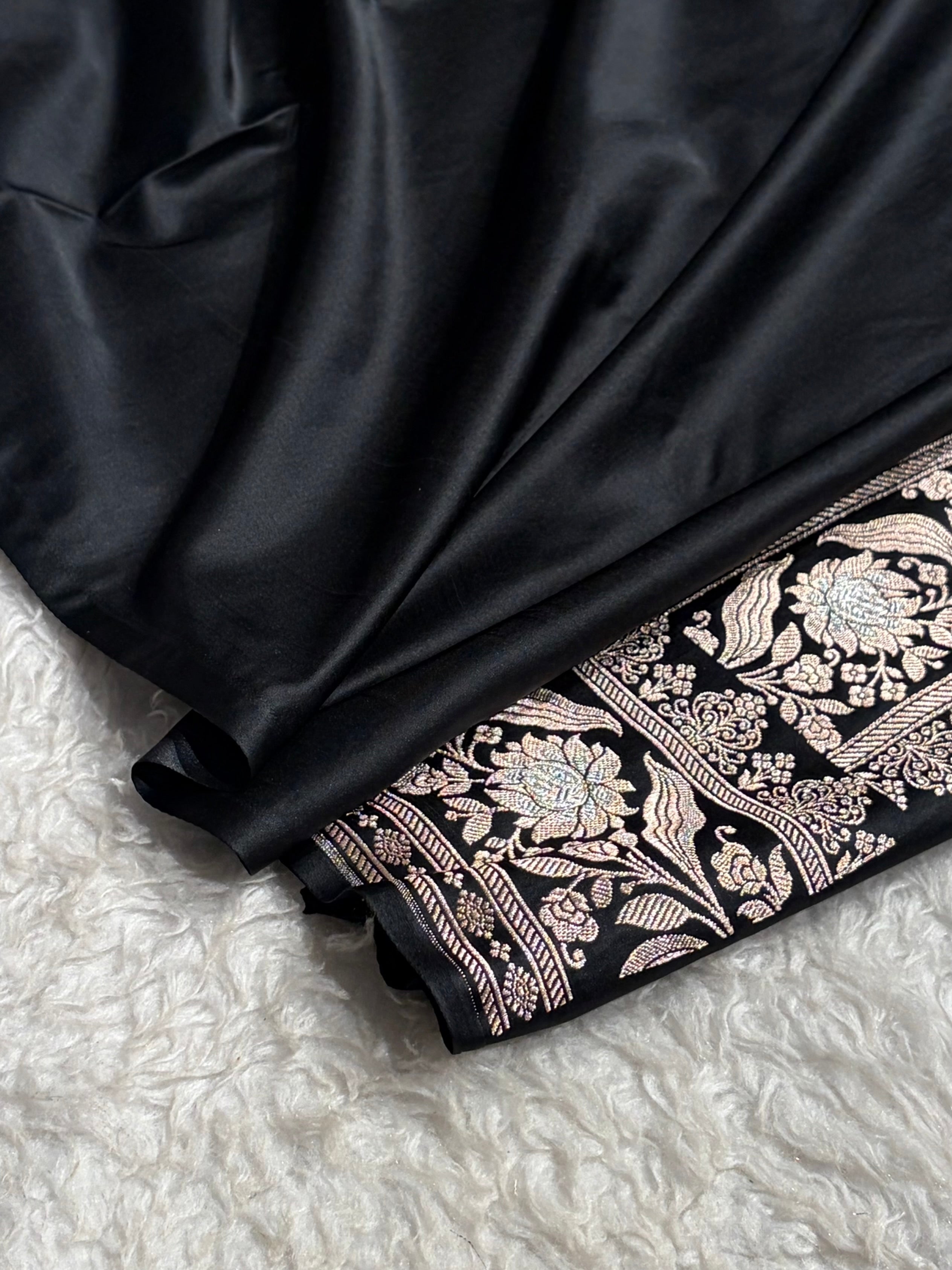 Banarasi Mashru Silk Saree Black | Minakari Boota Rupa Sona Jacquard Saree