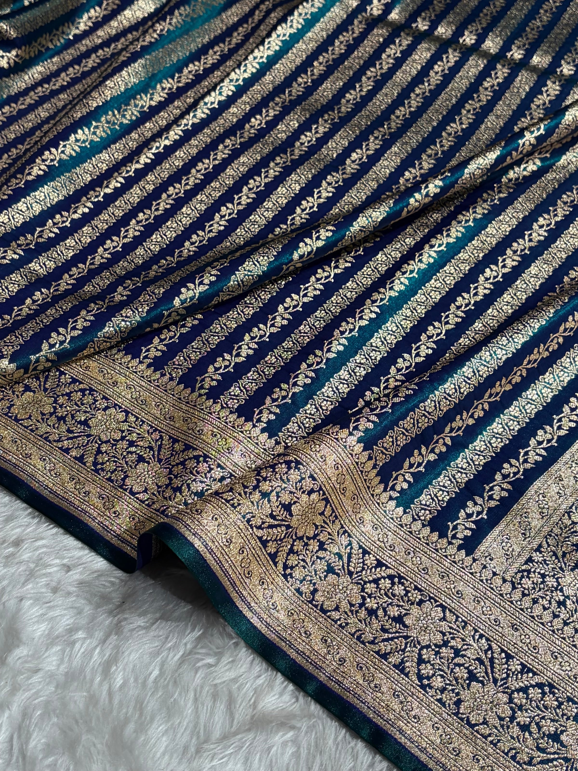 Royal Blue Shades Stripe Pattern Banarasi Satin Silk Saree