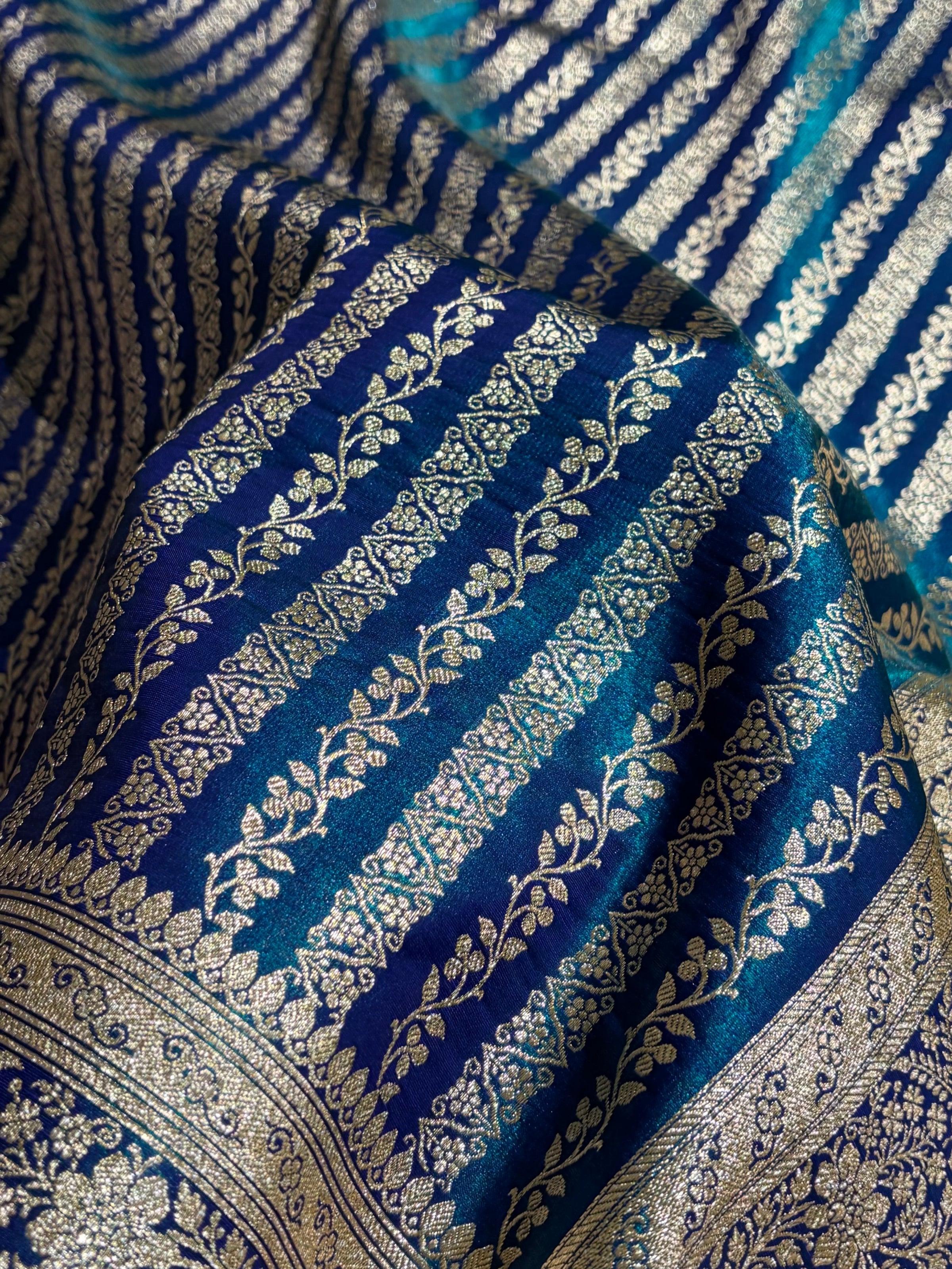 Royal Blue Shades Stripe Pattern Banarasi Satin Silk Saree