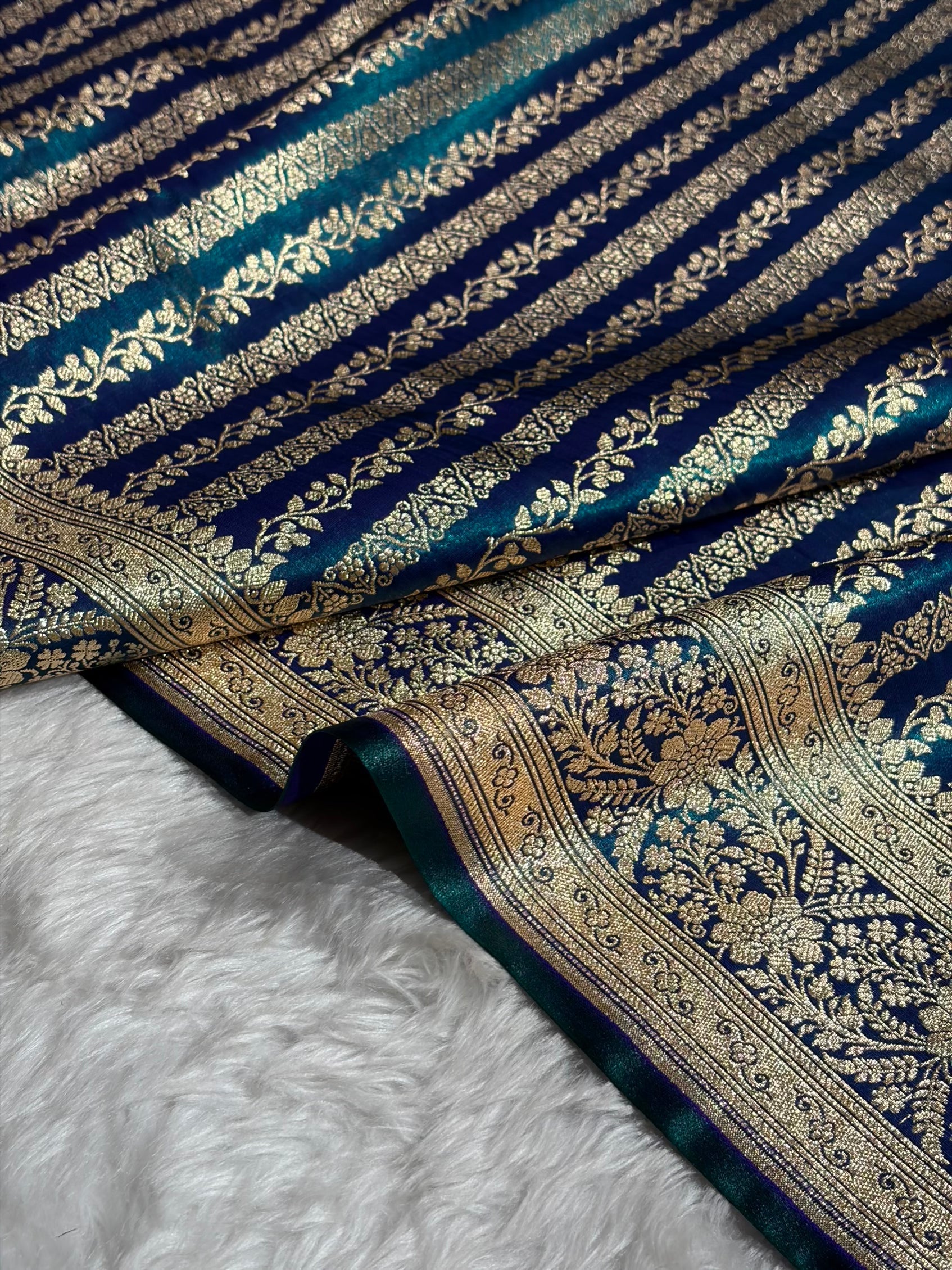 Royal Blue Shades Stripe Pattern Banarasi Satin Silk Saree