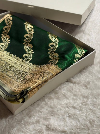 Cross Pattern Banarasi Satin Silk Saree | Jacquard Weave Satin Katan Silk Saree for Women