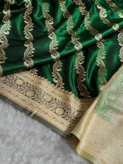 Cross Pattern Banarasi Satin Silk Saree | Jacquard Weave Satin Katan Silk Saree for Women