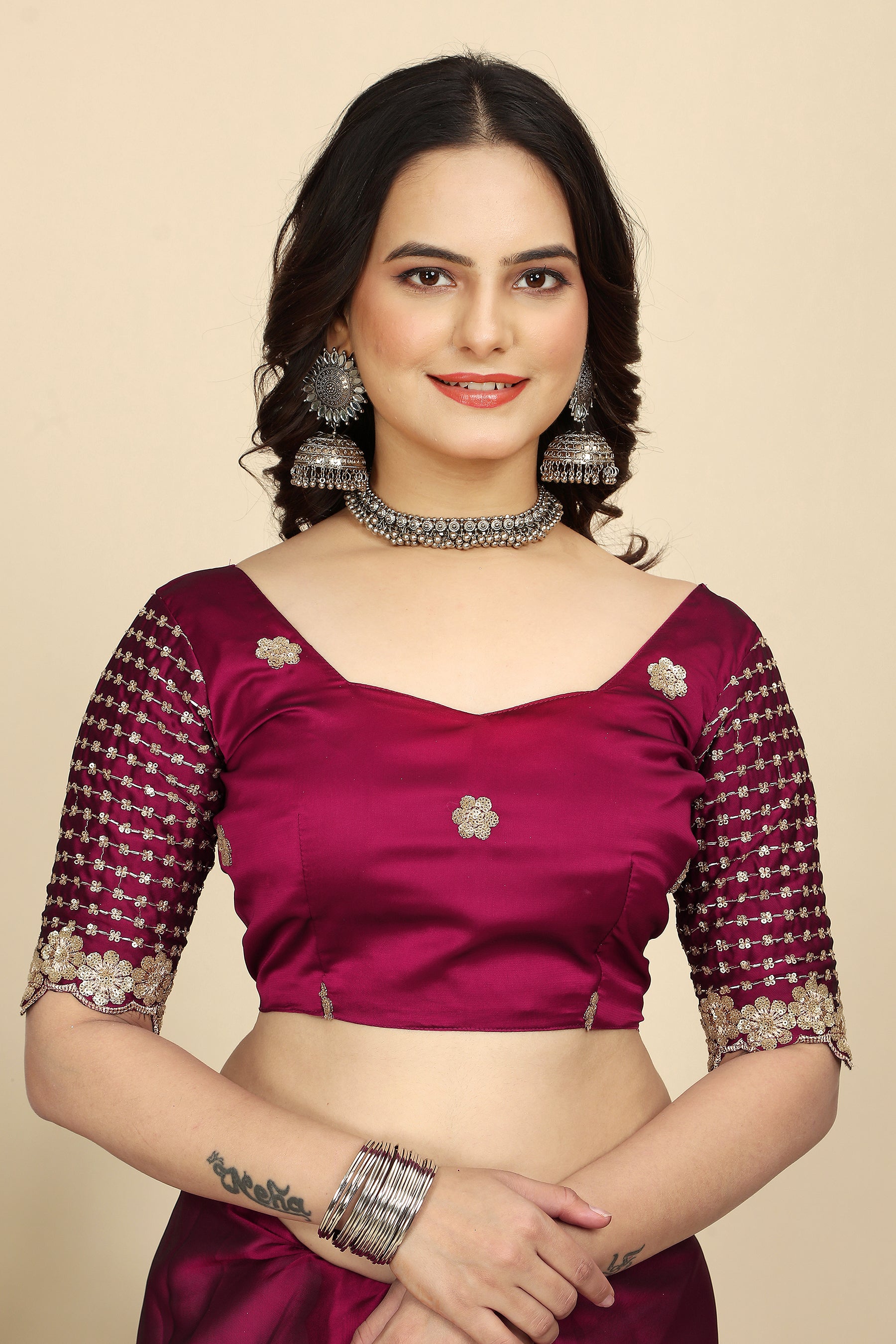 Experience Artistry in Every Detail: Contrast Blouse & Moti Handwork