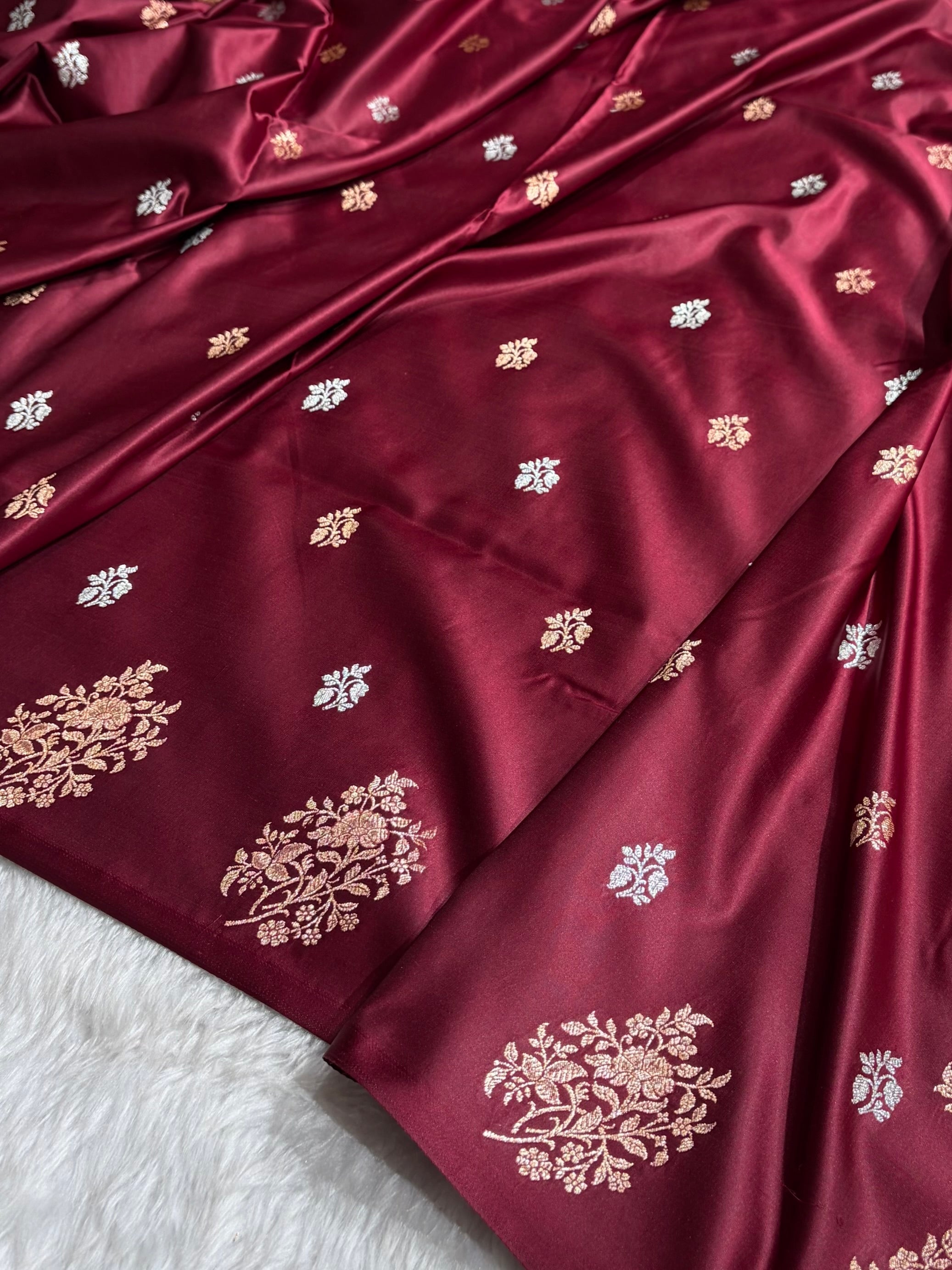 Banarasi Mashru Silk Saree with Floral Scalloped Border & Rupa Sona Motifs