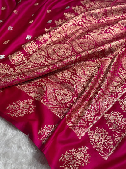 Banarasi Mashru Silk Saree with Floral Scalloped Border & Rupa Sona Motifs