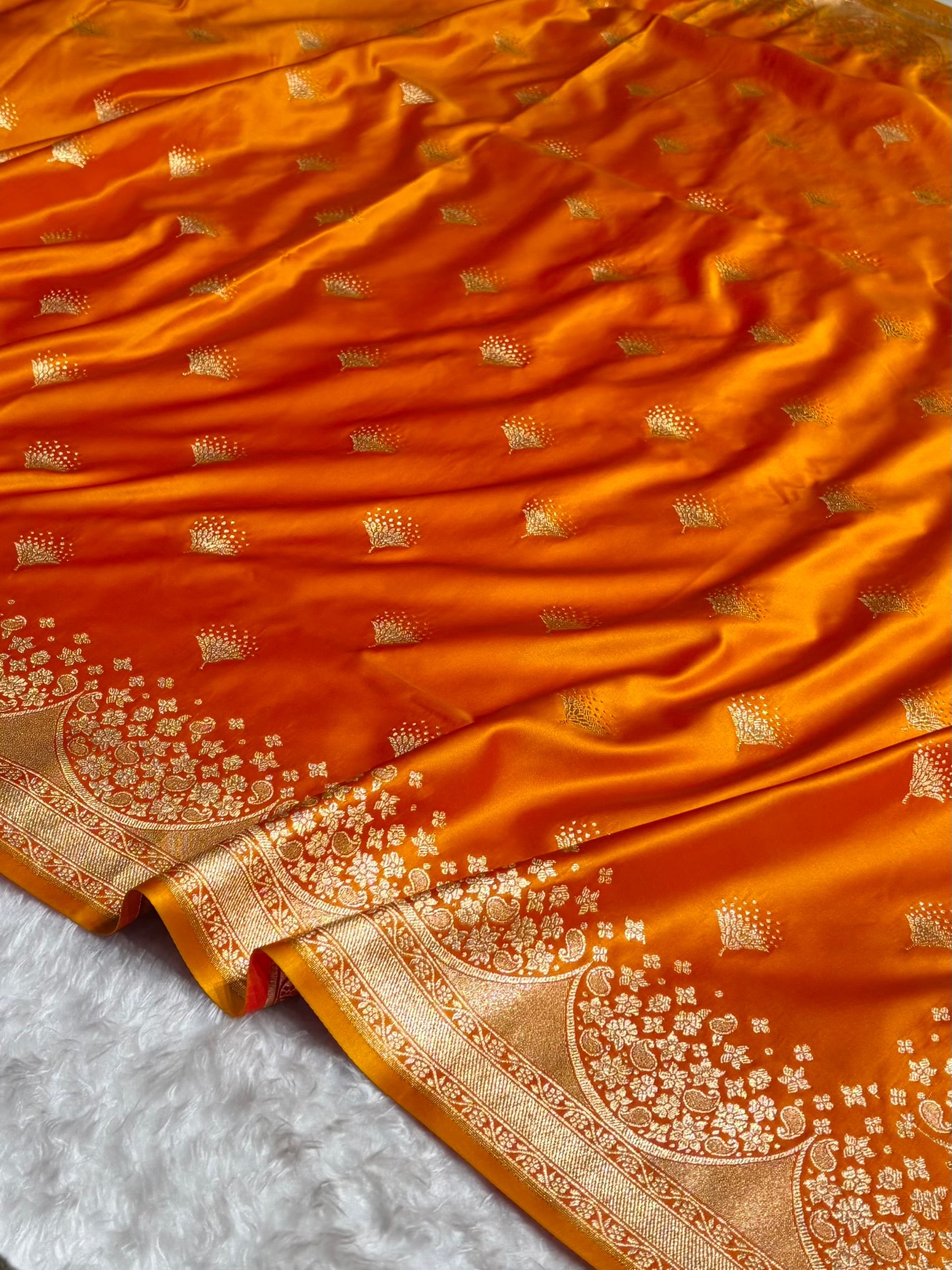 Banarasi Satin Silk Saree in Fire Gold Shade with Elegant Booti Work | Traditional Designer Wedding Saree