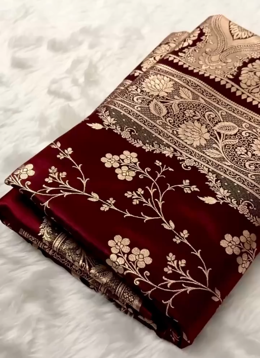 Fire Gold Banarasi Satin Silk Saree with Booti Work | Luxury Wedding & Festive Wear Saree for Women