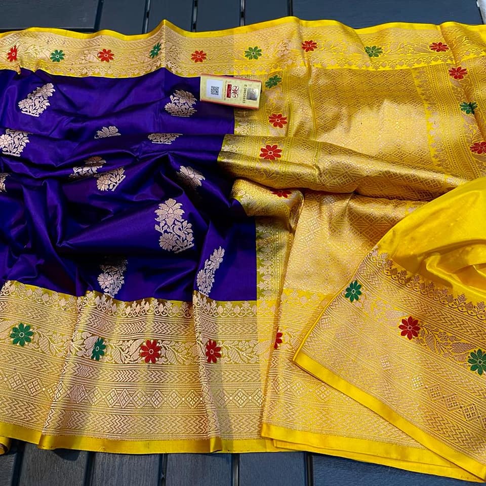 Exclusive Bridal Banarasi Katan Silk Saree with Border Blouse at ₹1249