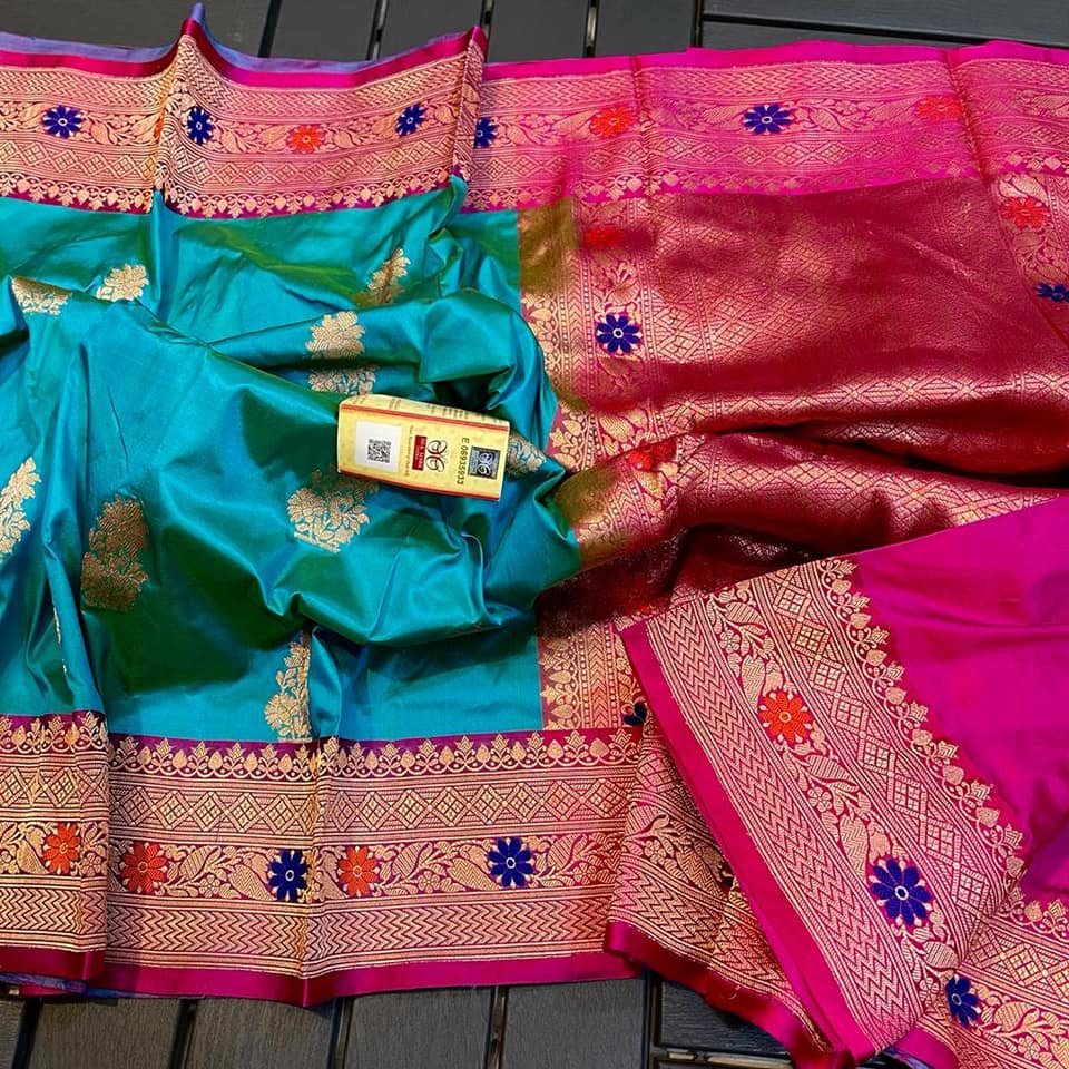 Exclusive Bridal Banarasi Katan Silk Saree with Border Blouse at ₹1249