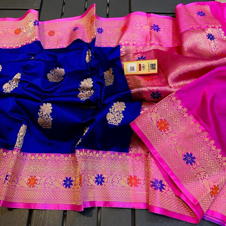 Exclusive Bridal Banarasi Katan Silk Saree with Border Blouse at ₹1249