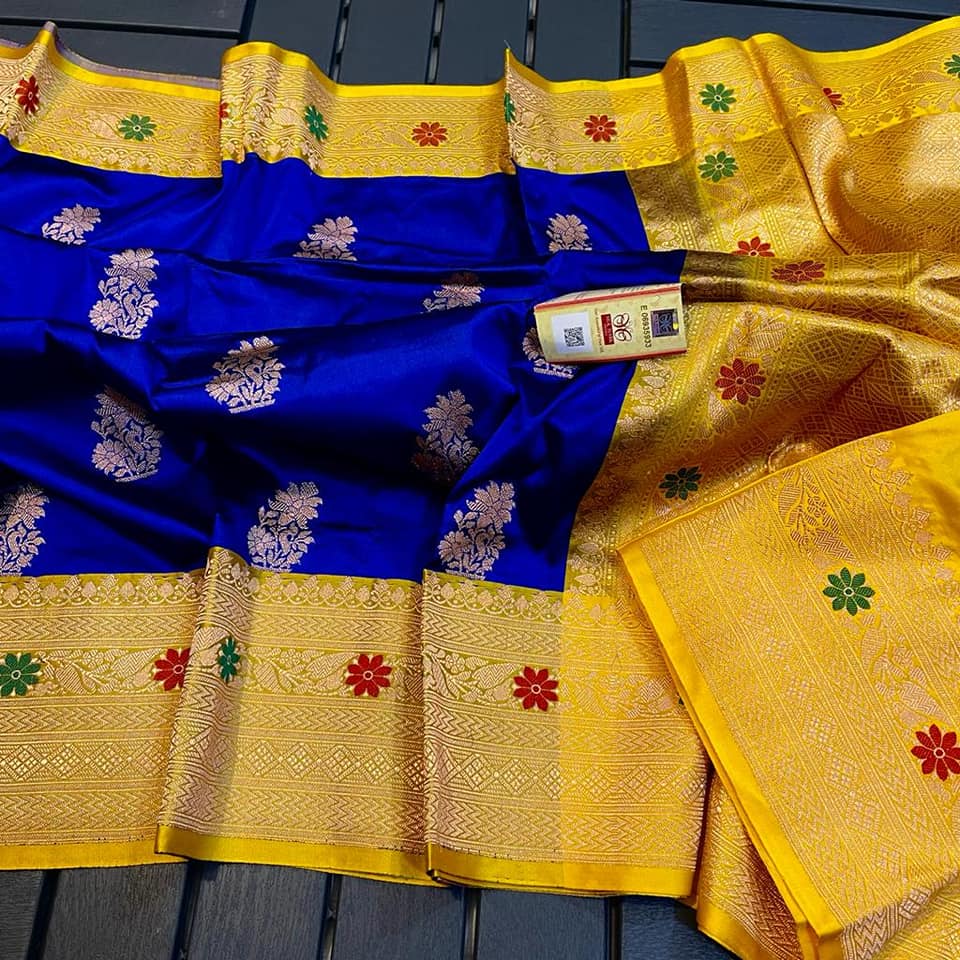 Exclusive Bridal Banarasi Katan Silk Saree with Border Blouse at ₹1249