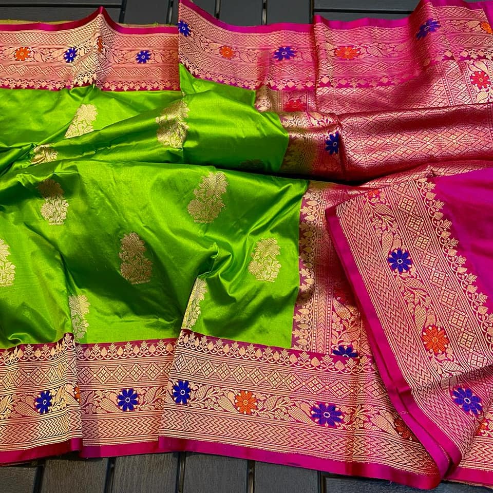 Exclusive Bridal Banarasi Katan Silk Saree with Border Blouse at ₹1249