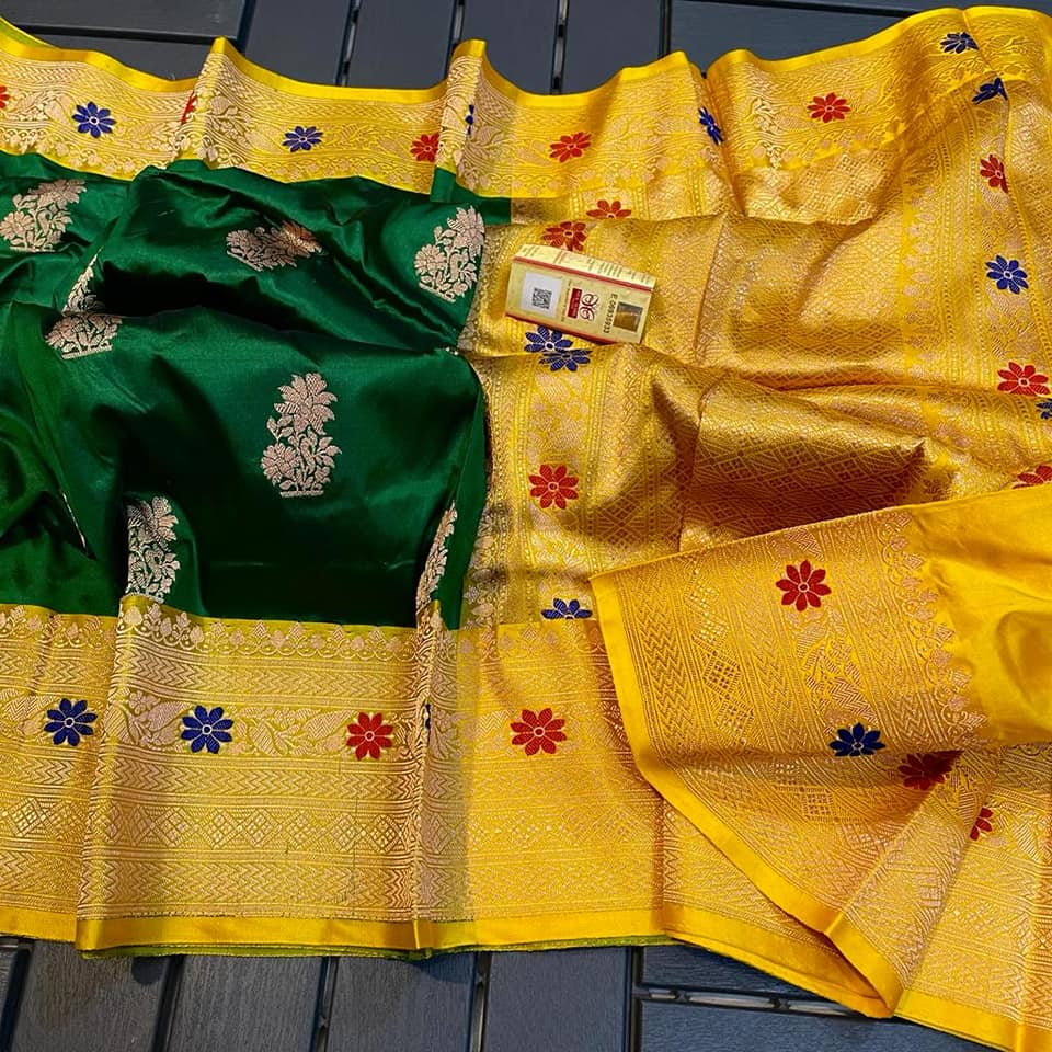 Exclusive Bridal Banarasi Katan Silk Saree with Border Blouse at ₹1249