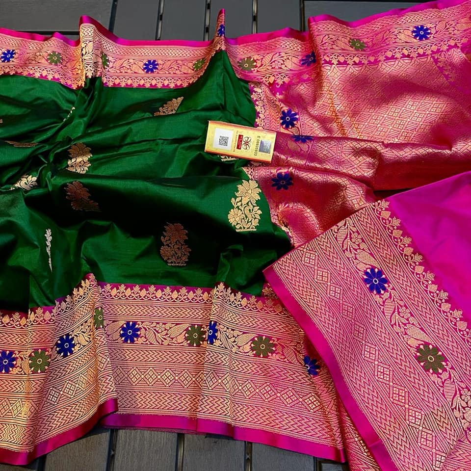 Exclusive Bridal Banarasi Katan Silk Saree with Border Blouse at ₹1249