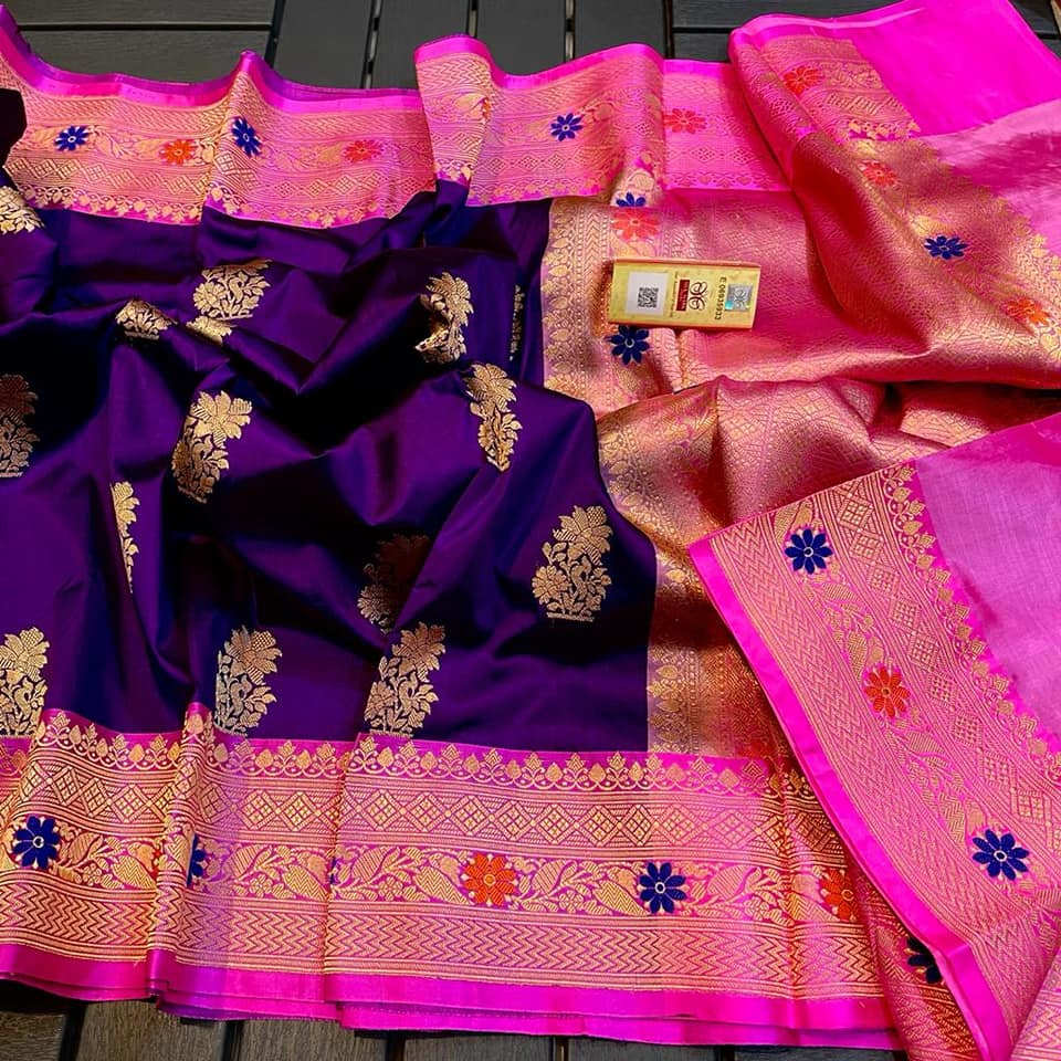 Exclusive Bridal Banarasi Katan Silk Saree with Border Blouse at ₹1249