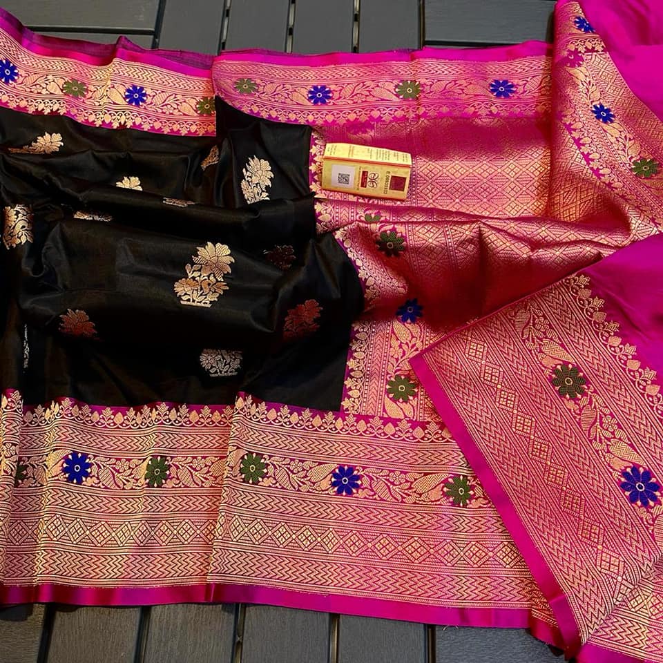 Exclusive Bridal Banarasi Katan Silk Saree with Border Blouse at ₹1249