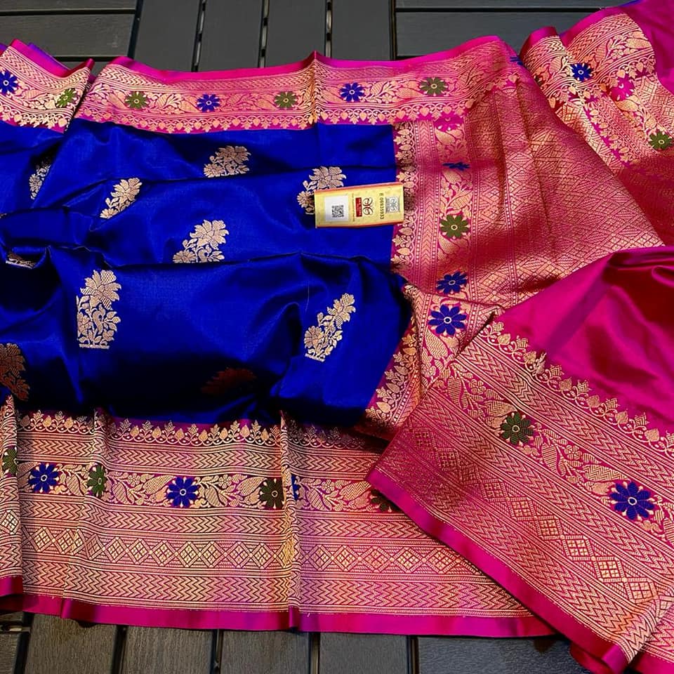 Exclusive Bridal Banarasi Katan Silk Saree with Border Blouse at ₹1249