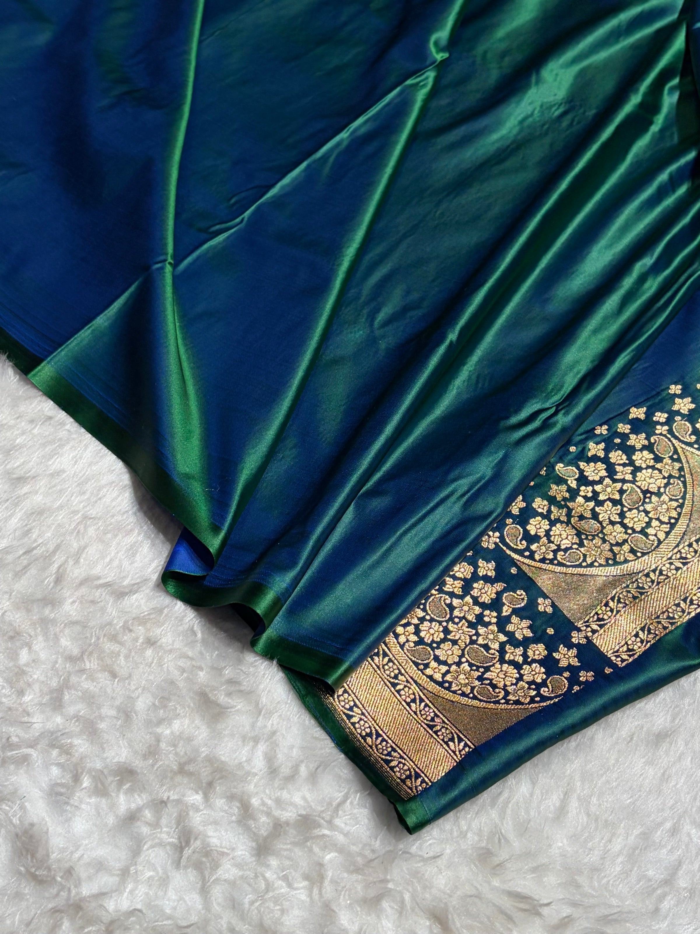Banarasi Satin Silk Saree in Fire Gold Shade with Elegant Booti Work | Traditional Designer Wedding Saree