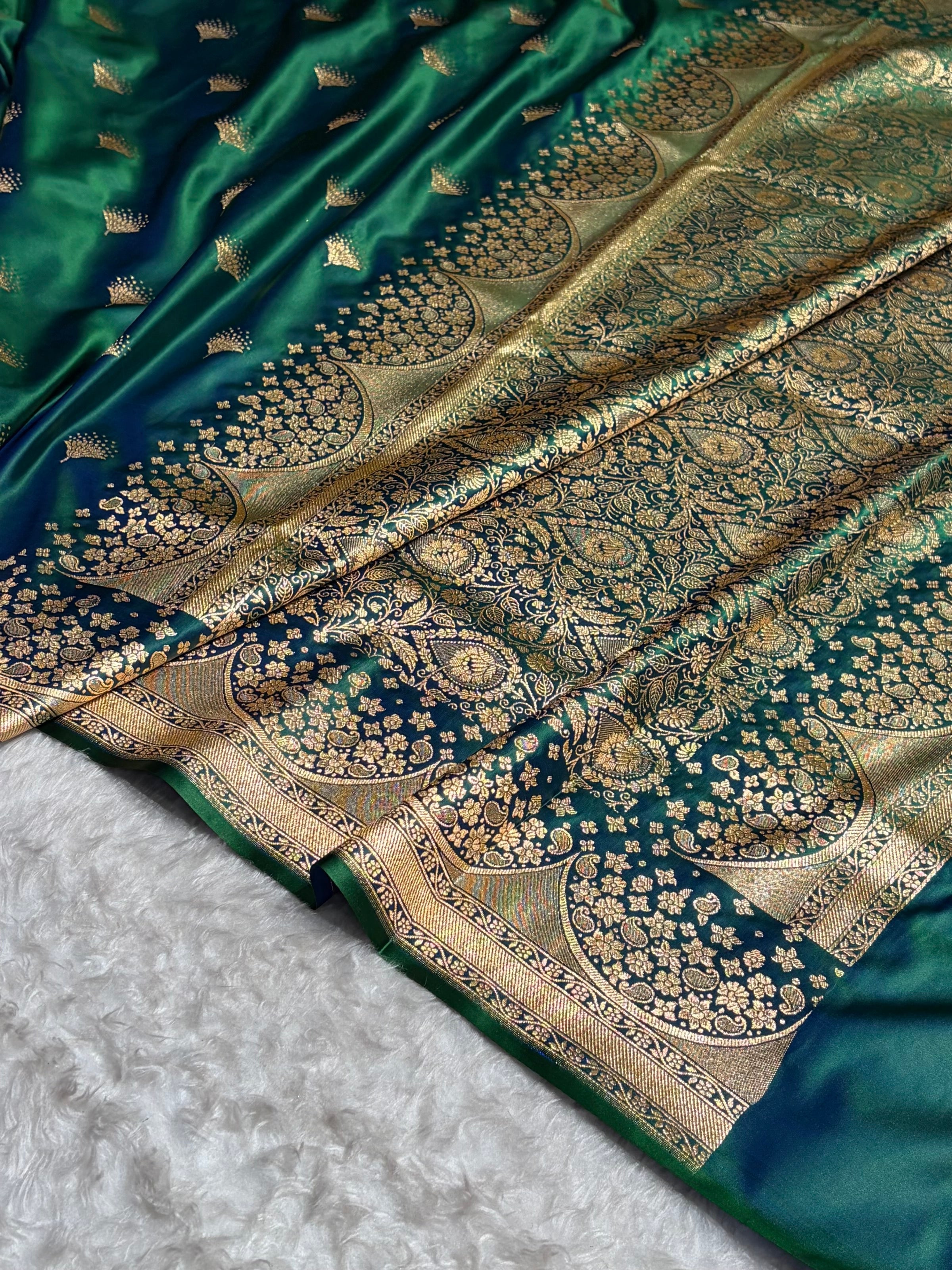 Banarasi Satin Silk Saree in Fire Gold Shade with Elegant Booti Work | Traditional Designer Wedding Saree