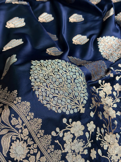 Banarasi Mashru Silk Saree Black | Minakari Boota Rupa Sona Jacquard Saree