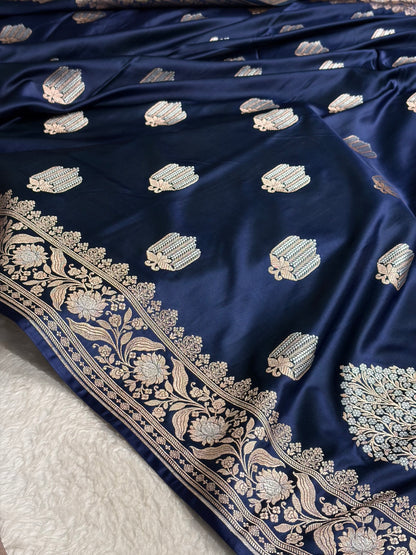 Banarasi Mashru Silk Saree Black | Minakari Boota Rupa Sona Jacquard Saree