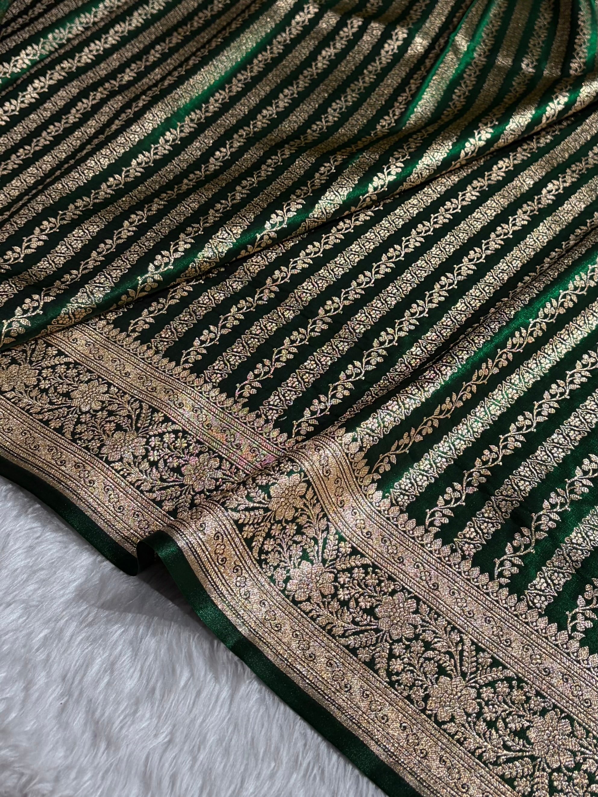 Royal Blue Shades Stripe Pattern Banarasi Satin Silk Saree