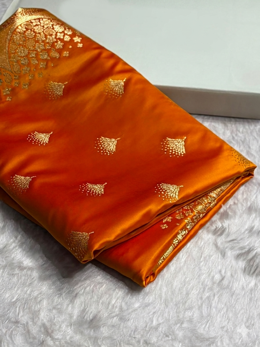 Banarasi Satin Silk Saree in Fire Gold Shade with Elegant Booti Work | Traditional Designer Wedding Saree