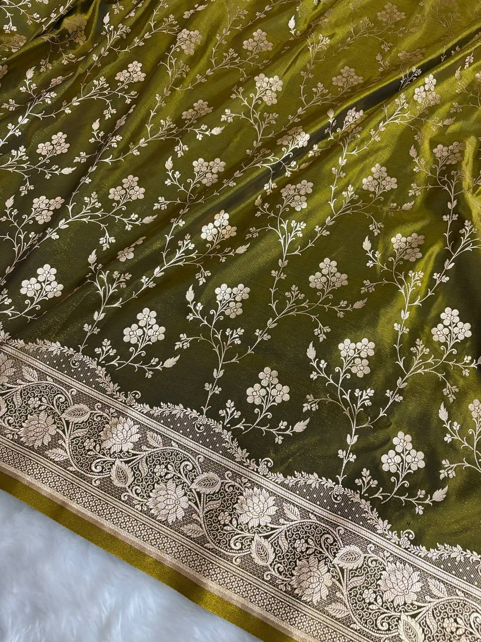 Fire Gold Banarasi Satin Silk Saree with Booti Work | Luxury Wedding & Festive Wear Saree for Women