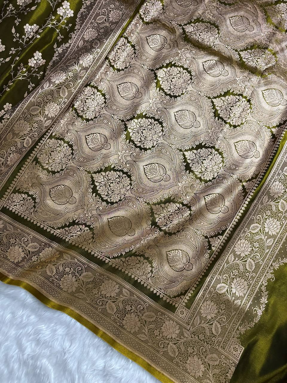 Fire Gold Banarasi Satin Silk Saree with Booti Work | Luxury Wedding & Festive Wear Saree for Women