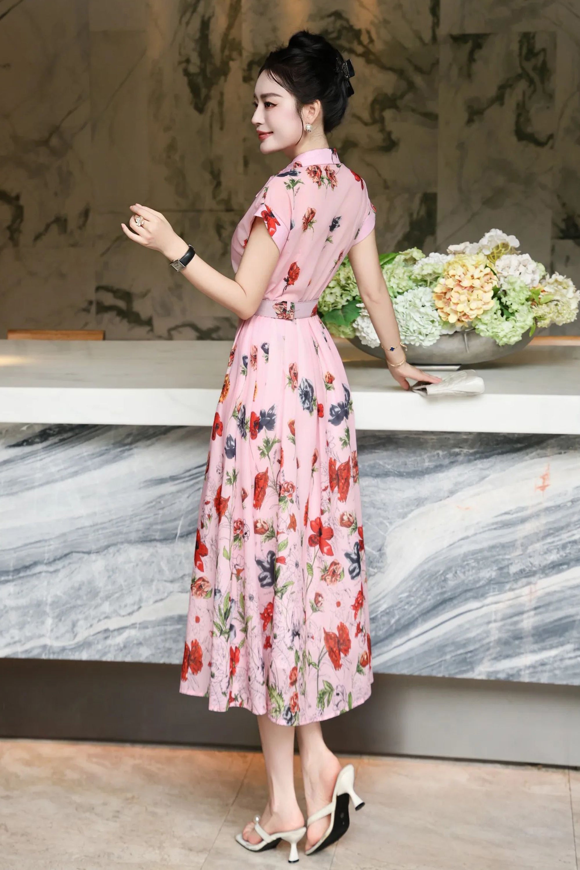 Women’s Summer Pink Floral Print Midi Shirt Dress