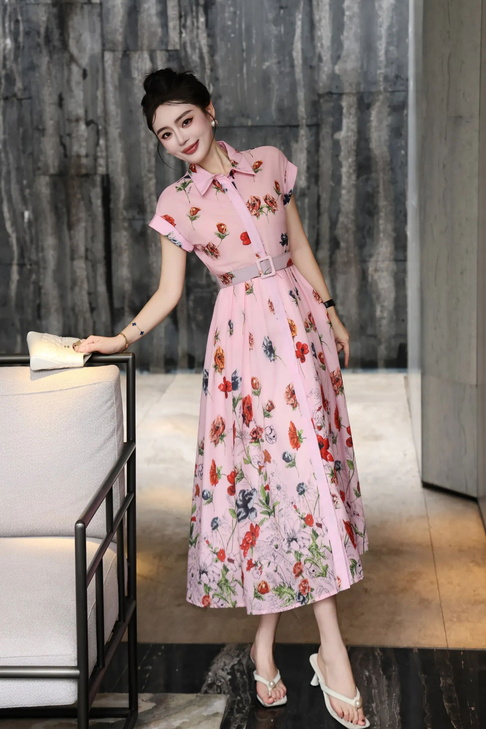 Women’s Summer Pink Floral Print Midi Shirt Dress