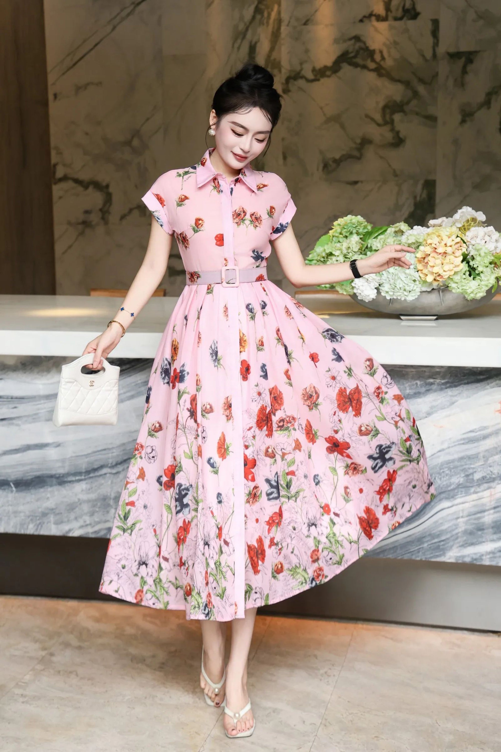 Women’s Summer Pink Floral Print Midi Shirt Dress