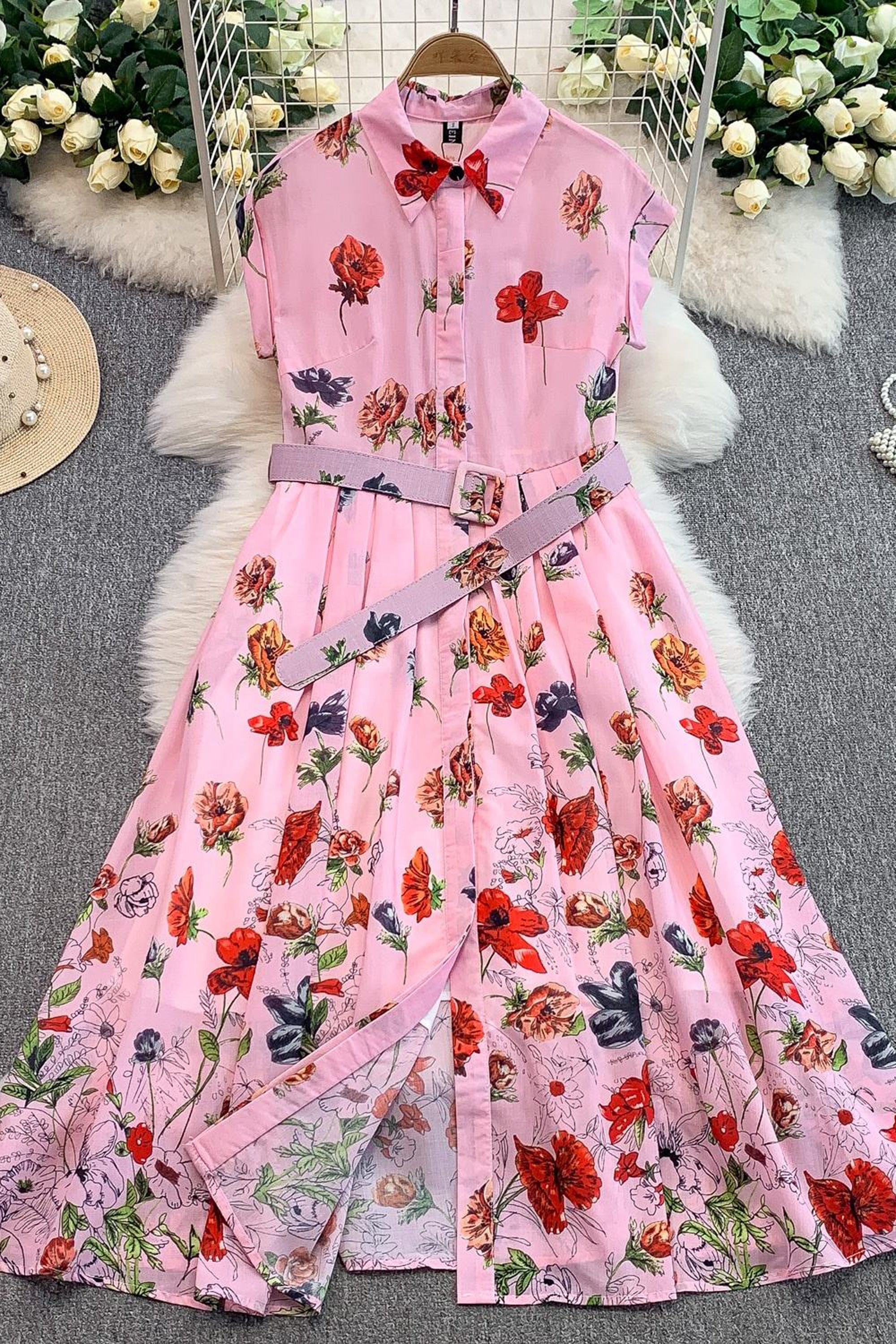 Women’s Summer Pink Floral Print Midi Shirt Dress