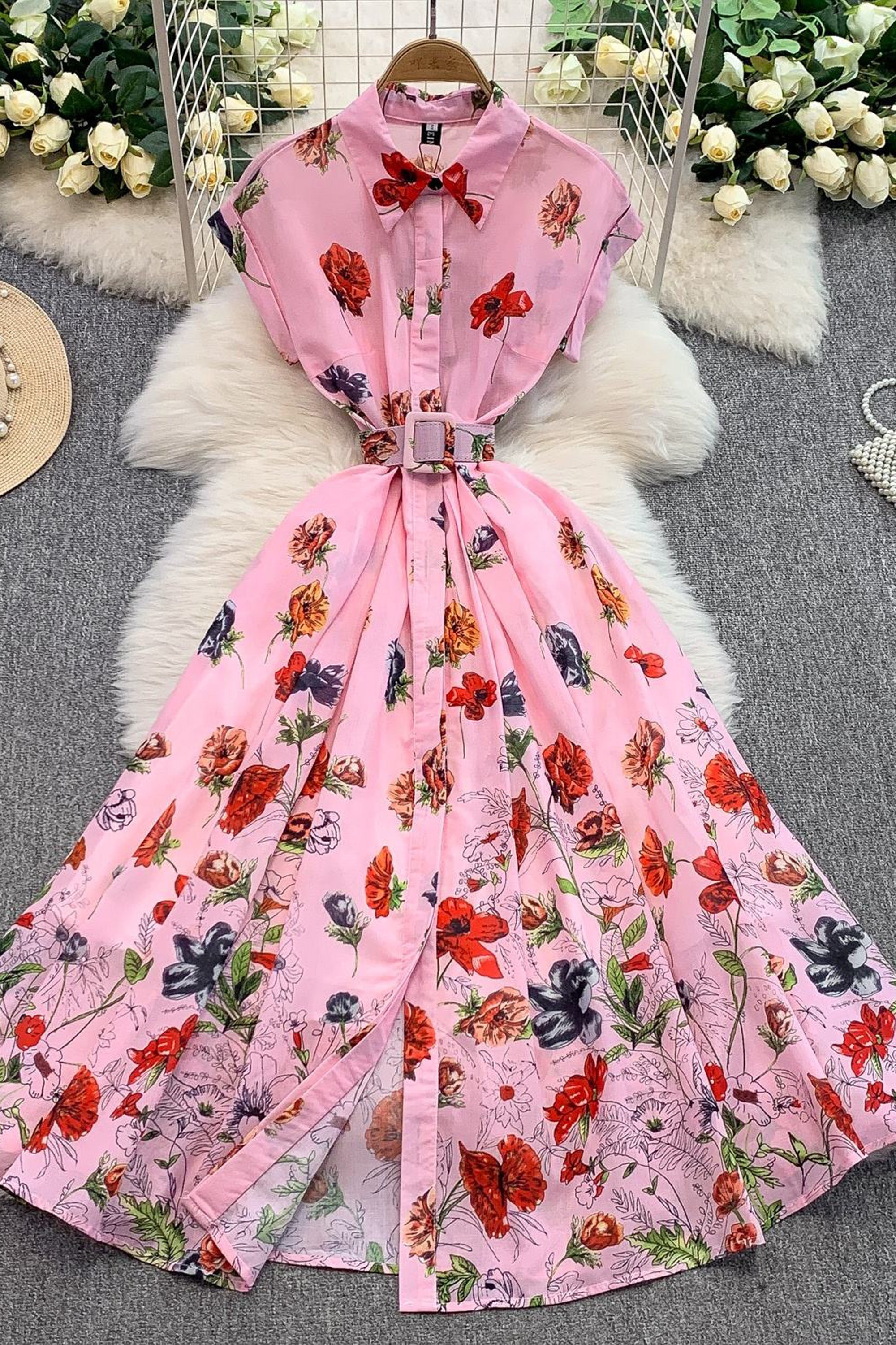 Women’s Summer Pink Floral Print Midi Shirt Dress