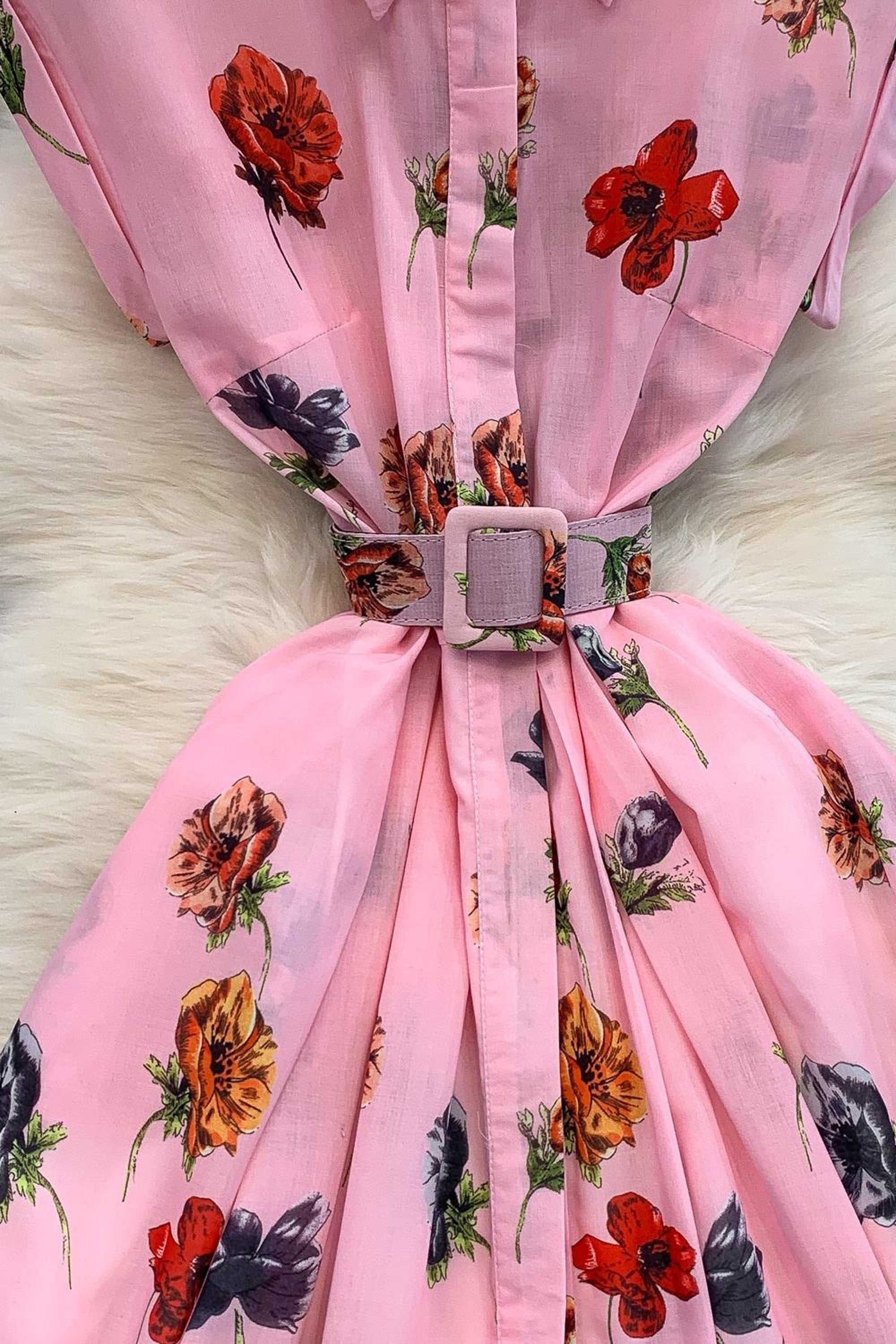 Women’s Summer Pink Floral Print Midi Shirt Dress
