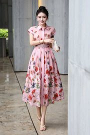 Women’s Summer Pink Floral Print Midi Shirt Dress