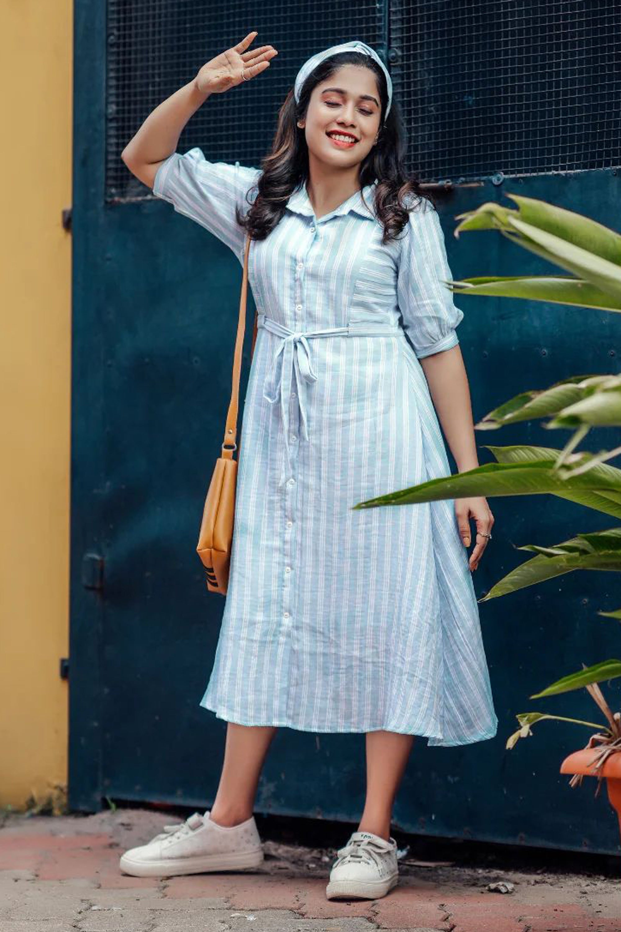 Women’s Sky Blue Breeze White Striped Shirt Dress