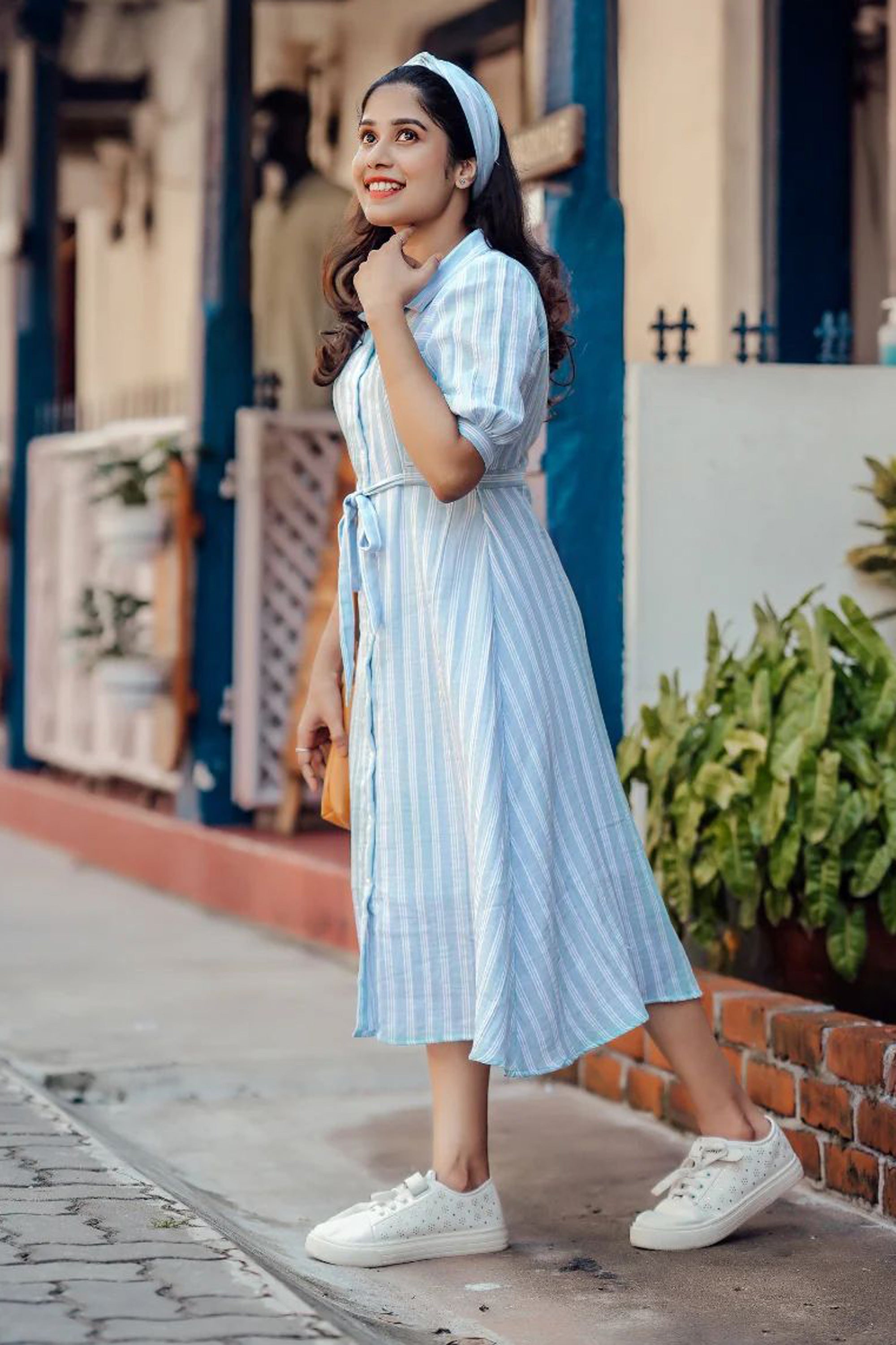 Women’s Sky Blue Breeze White Striped Shirt Dress