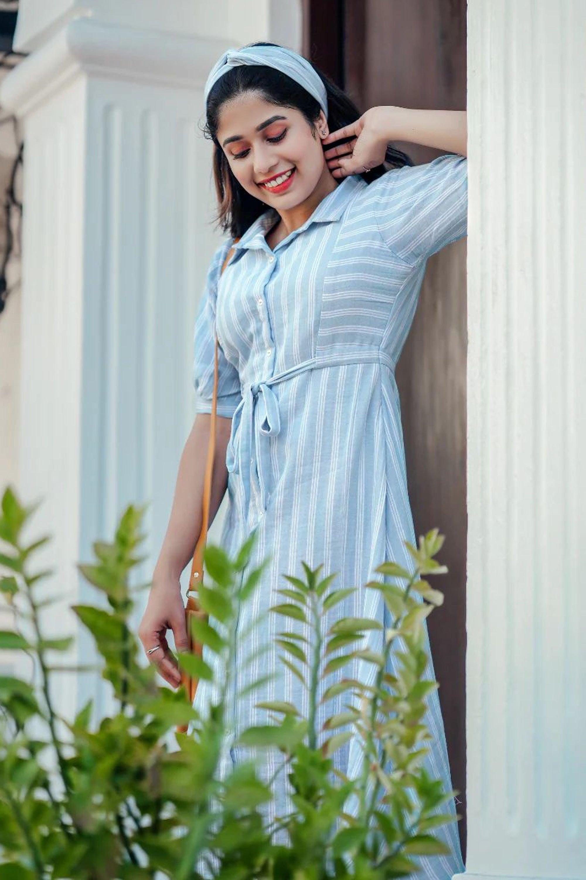 Women’s Sky Blue Breeze White Striped Shirt Dress