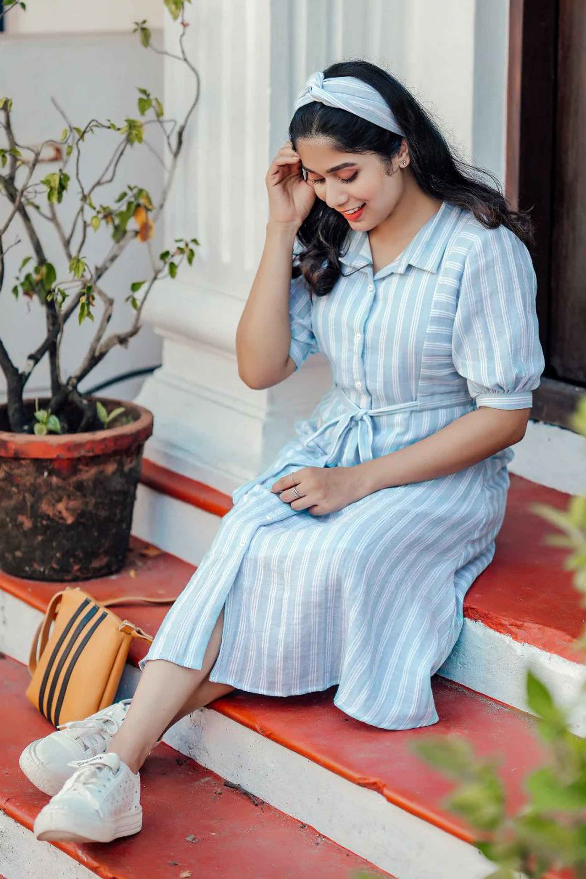 Women’s Sky Blue Breeze White Striped Shirt Dress