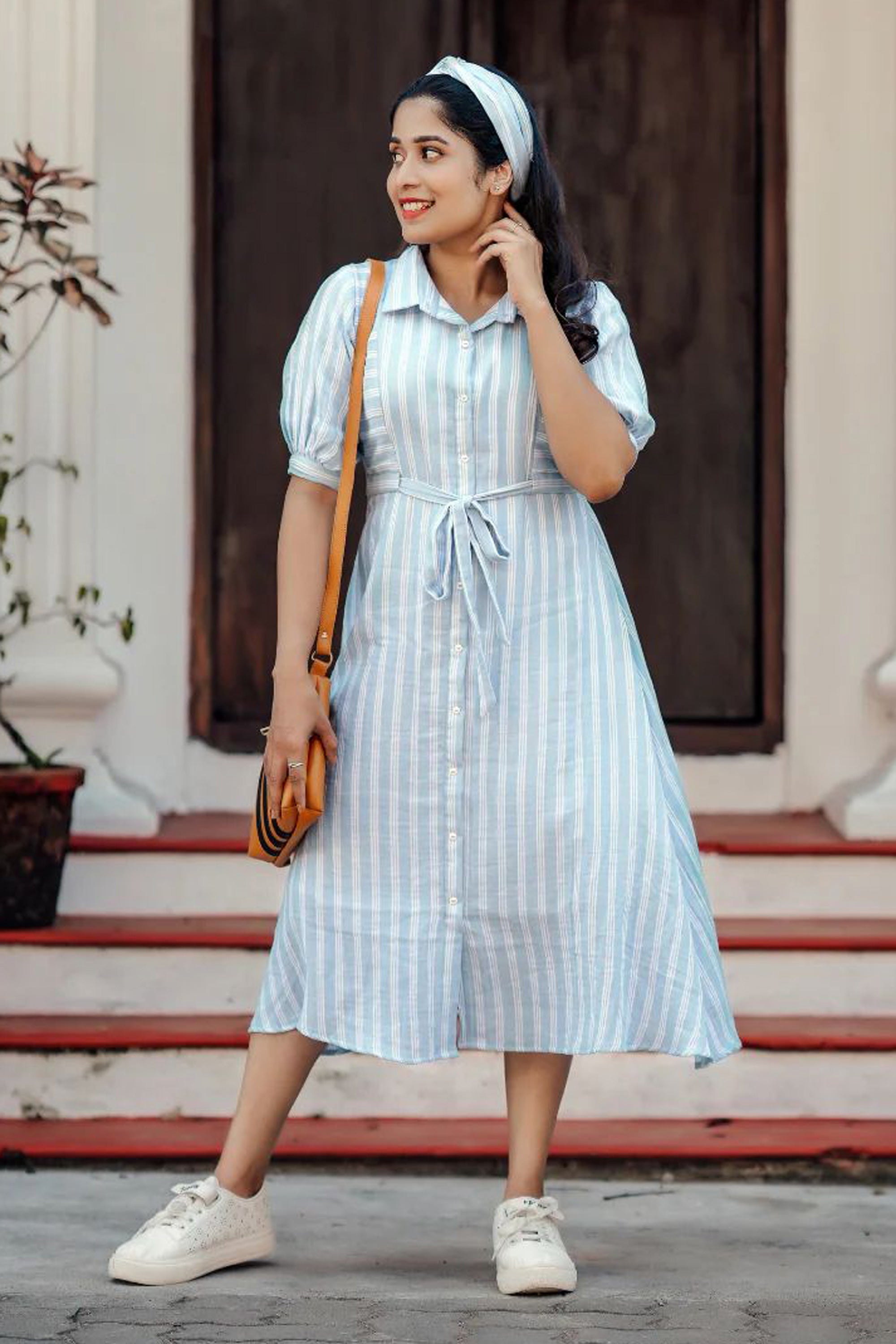 Women’s Sky Blue Breeze White Striped Shirt Dress