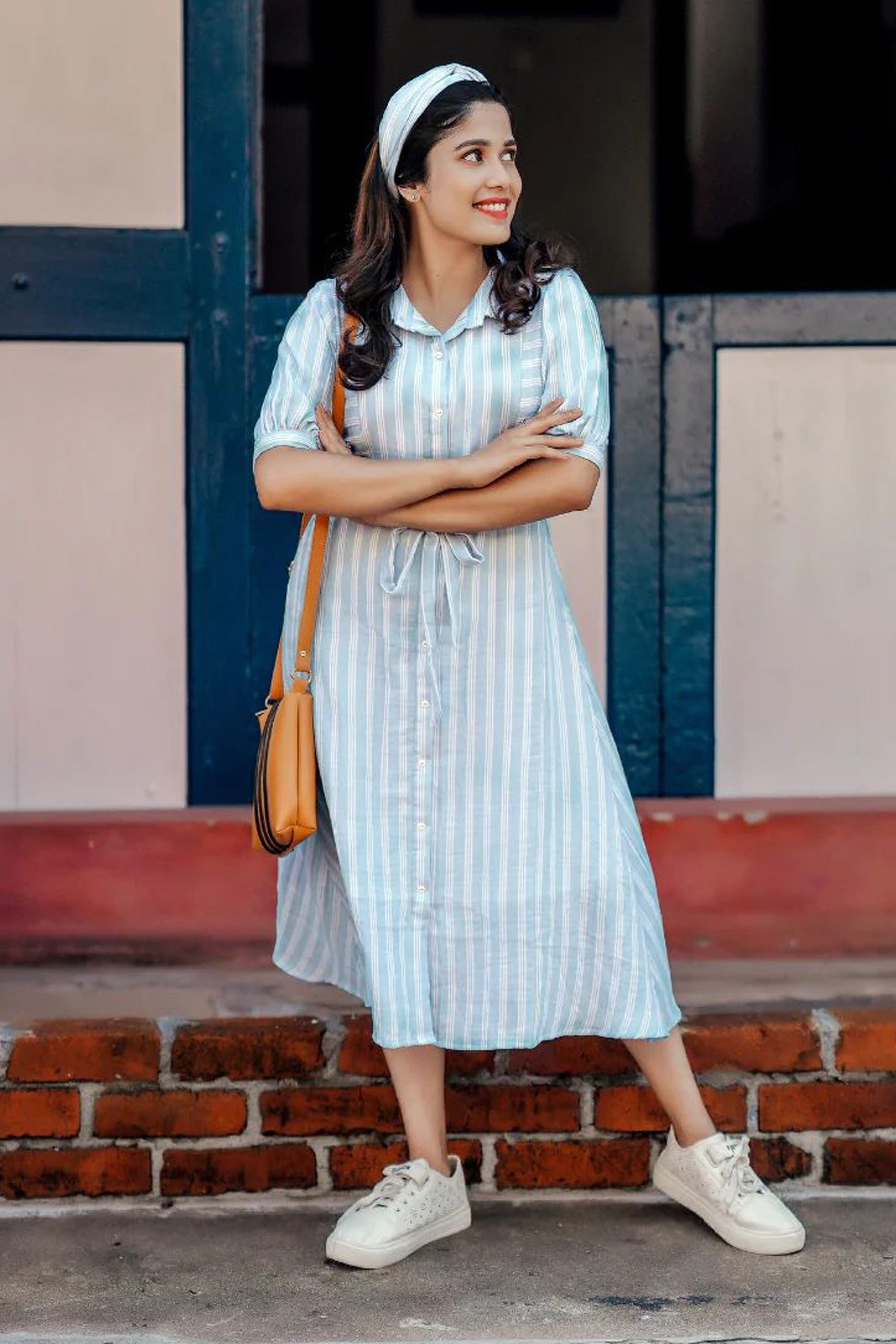 Women’s Sky Blue Breeze White Striped Shirt Dress
