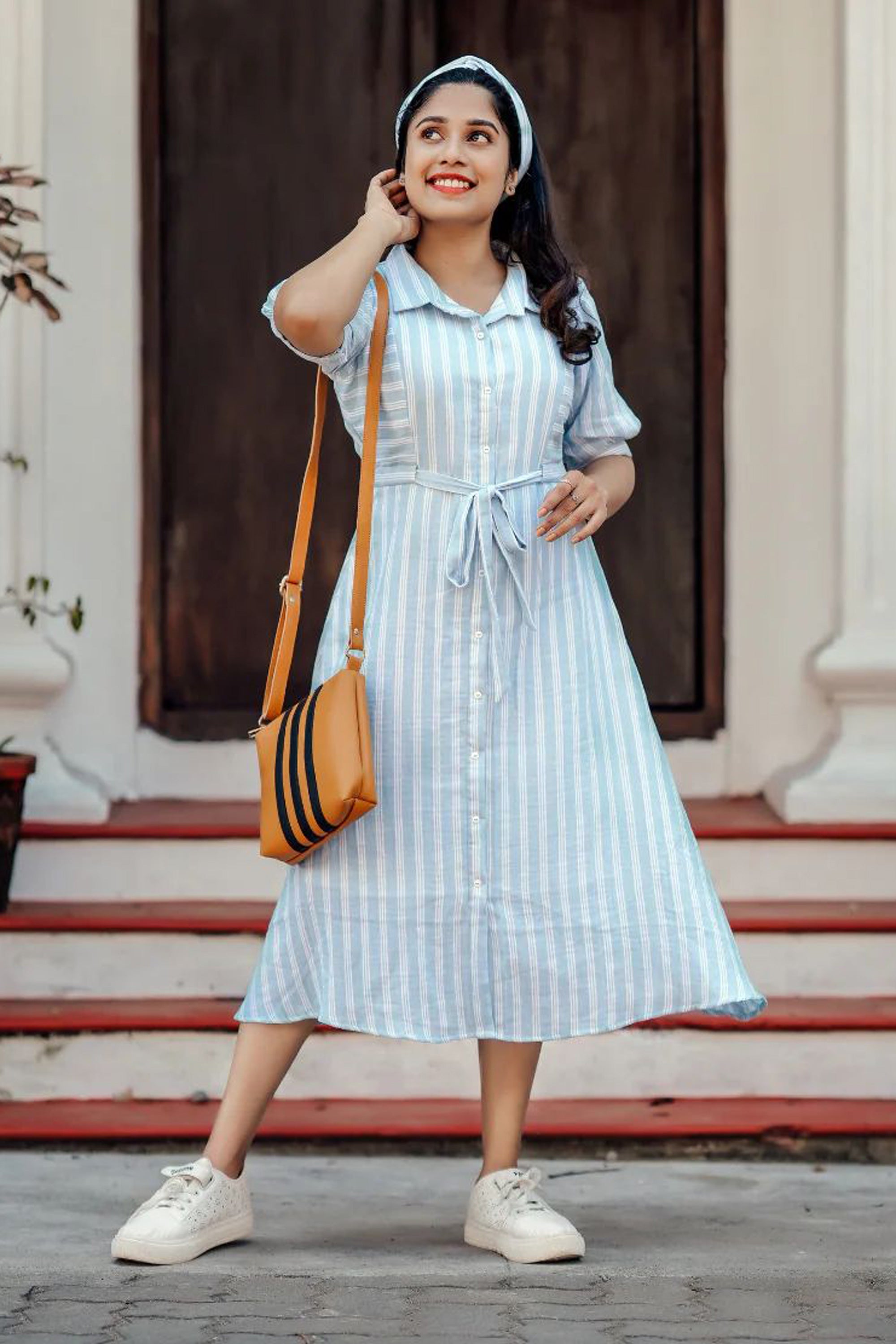 Women’s Sky Blue Breeze White Striped Shirt Dress