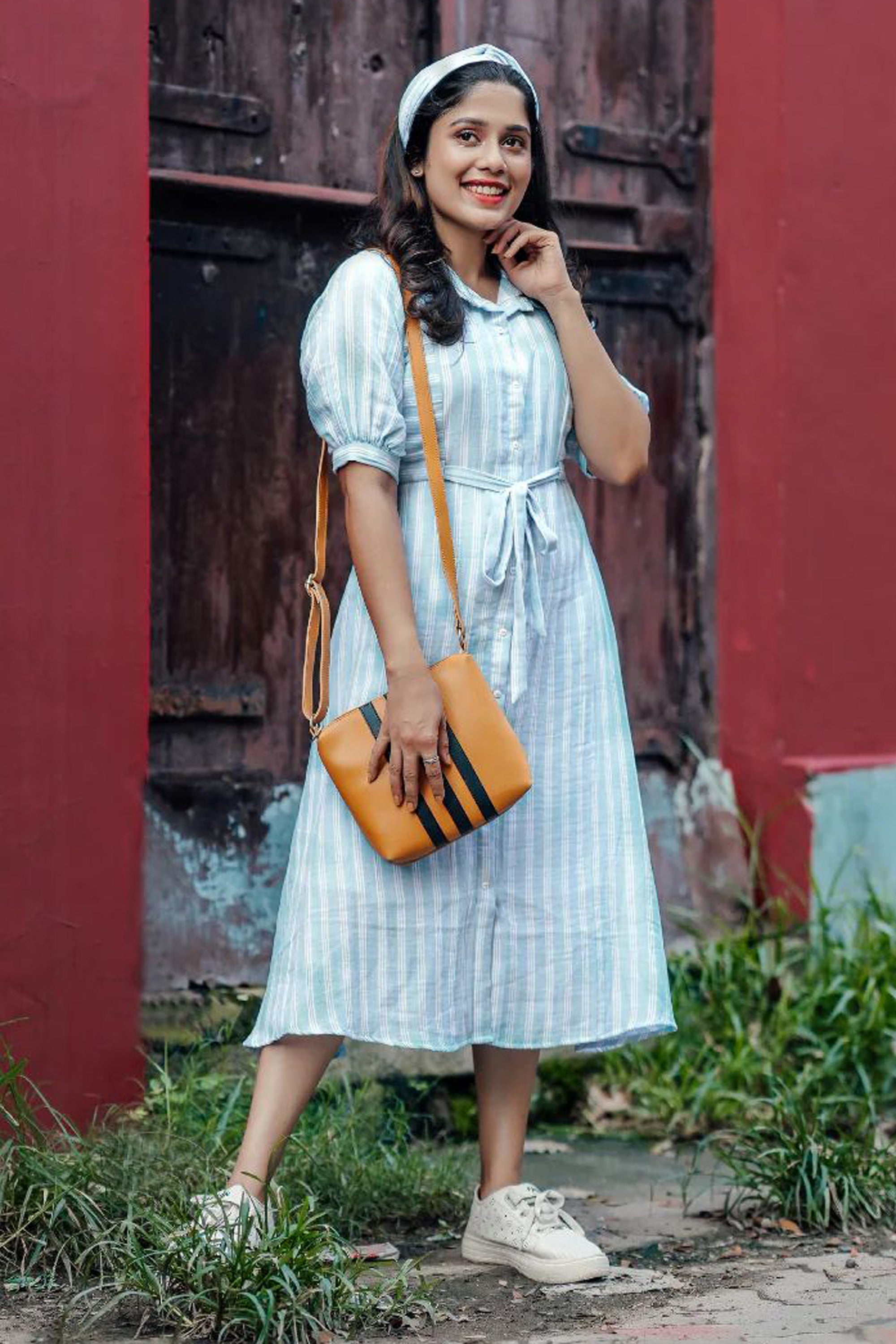 Women’s Sky Blue Breeze White Striped Shirt Dress