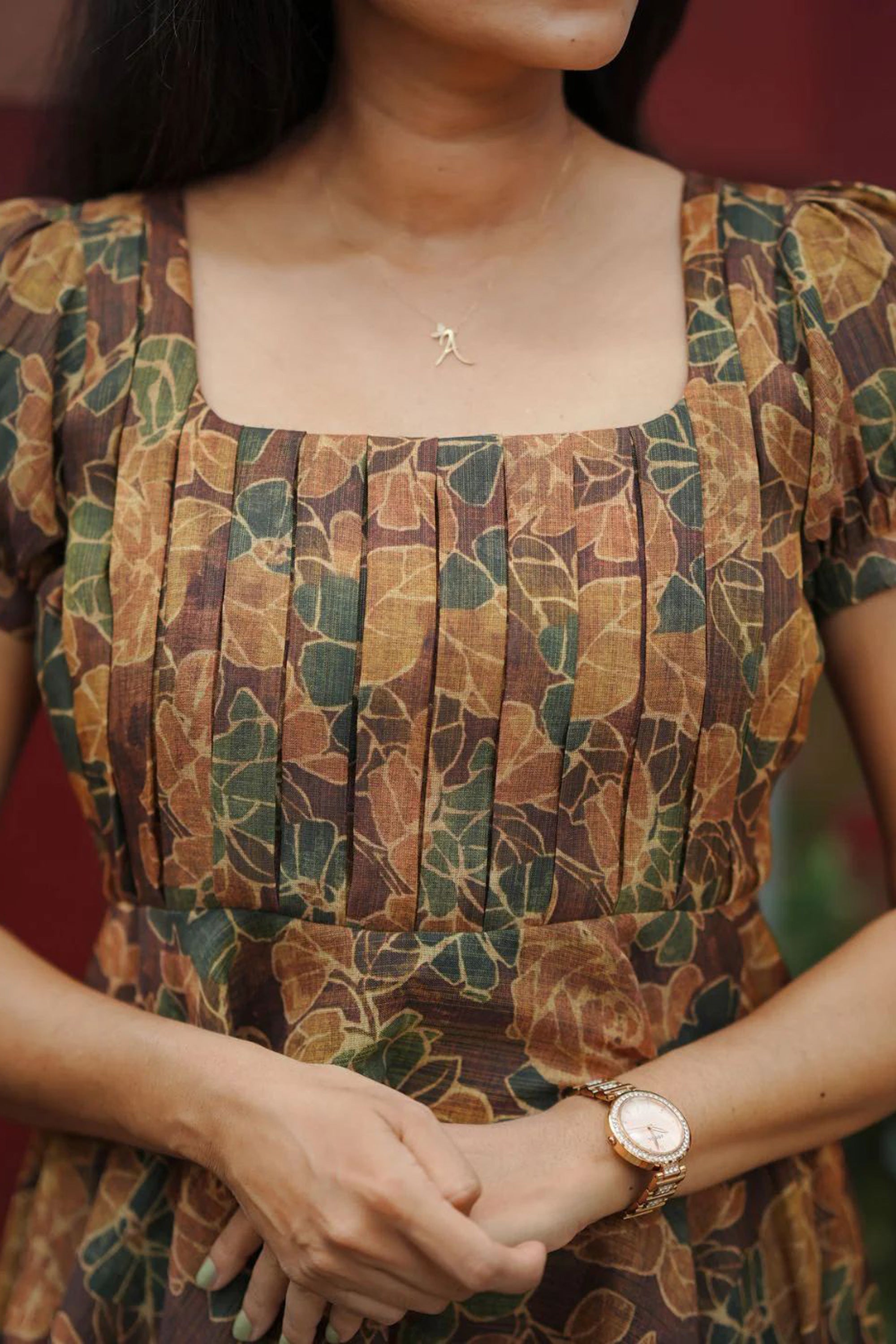 Women's Brown Floral Print Tissue Dress